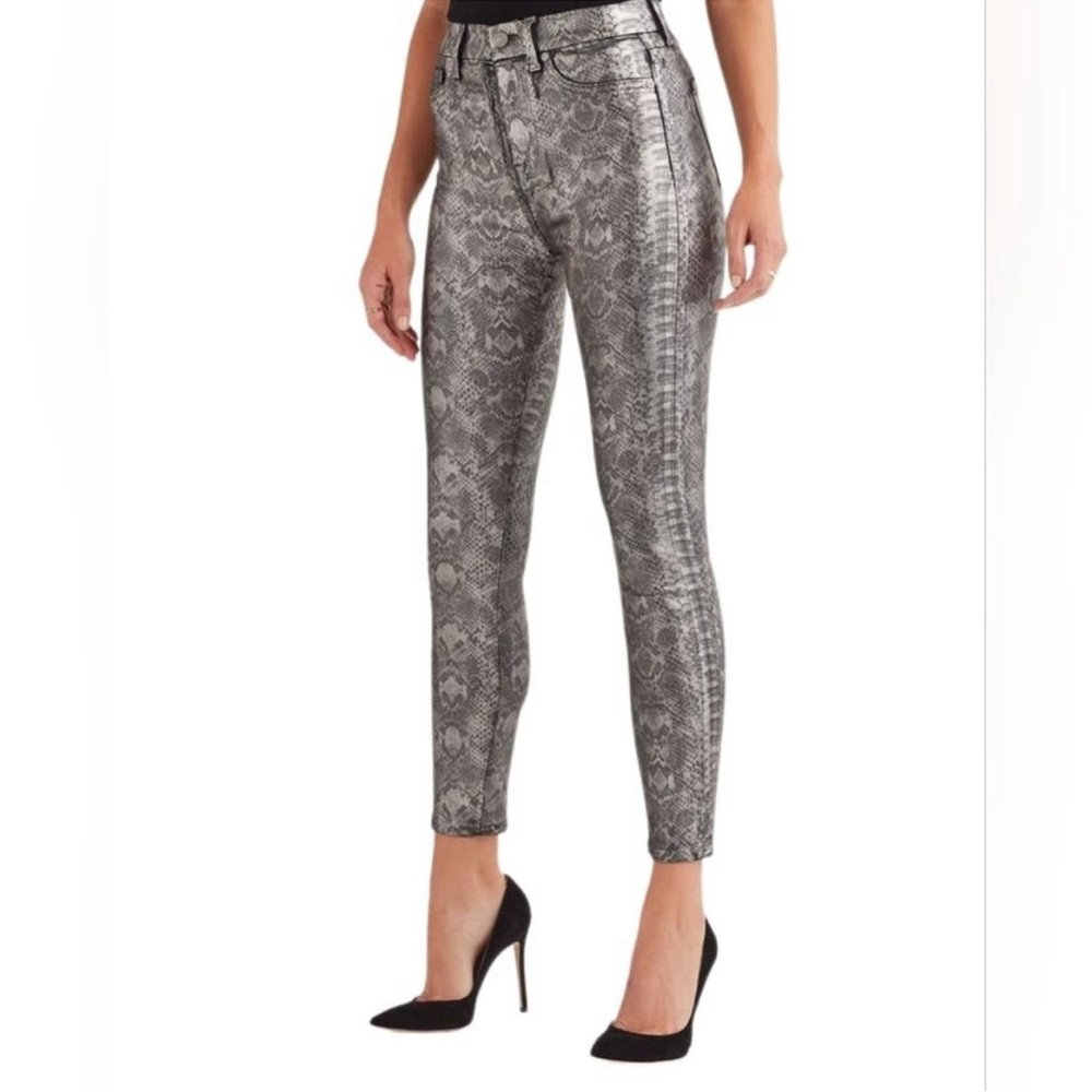 7 For All Mankind Metallic Snake Print Skinny Jeans in Pewter Python